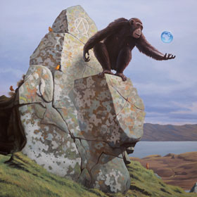 The Seer, painting of a chimpanzee, earth art, painting about evolution, art about ecology, painting meaning happiness positive joy, art with canary, bird in the sky, art with canaries, painting of monkey with globe, magic realism art of chimp as a prophet, Oracle symbolic art, Scottish art, painting of Isle of Sky Scotland, Scottish landscape art, stone throne, rock perch, surreal art about climate change, painting with nature, peaceful art, painting of the earth, soulful uplifting inspirational art, soul stirring illusion art, romantic art,  surrealism, surreal art, dreamlike imagery, fanciful art, fantasy art, dreamscape visual, metaphysical art, spiritual painting, metaphysical painting, spiritual art, whimsical art, whimsy art, dream art, fantastic realism art, limited edition giclee, signed art print, fine art reproduction, original magic realism oil painting by Paul Bond