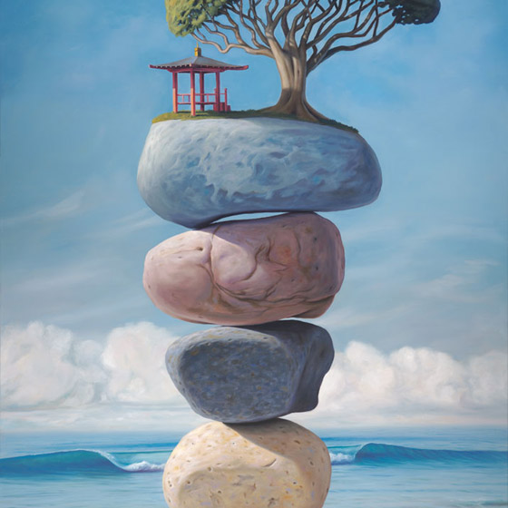 The Shape of Your Laughter, painting of an Asian pagoda temple and large tree sitting on top of stacked stones on the beach,  rocks, art with stacked rock cairn, art about balance, sky, high, floating, clouds, tree, water, art with waves, sea, ocean, surf, surfing art, beach, temple, art with chinese asian japanese theme, soulful uplifting inspirational art, soul stirring illusion art, romantic art,  surrealism, surreal art, dreamlike imagery, fanciful art, fantasy art, dreamscape visual, metaphysical art, spiritual painting, metaphysical painting, spiritual art, whimsical art, whimsy art, dream art, fantastic realism art, limited edition giclee, signed art print, fine art reproduction, original magic realism oil painting by Paul Bond