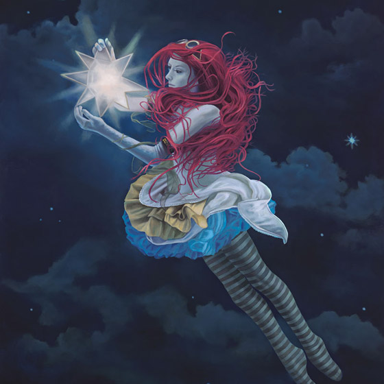 The Star Hanger, painting of a steam punk girl floating in night sky holding star, Girl, portrait, woman, sky, clouds, star, girl with pink hair, redhead, dancer, fairy, float, fly, lantern, lamp, light, muse, divine, art, creativity, carnival, steam punk, costume, flying, flight, art with poetry, inspiration, idealism, trompe l'oeil, soulful uplifting inspirational art, soul stirring illusion art, romantic art,  surrealism, surreal art, dreamlike imagery, fanciful art, fantasy art, dreamscape visual, metaphysical art, spiritual painting, metaphysical painting, spiritual art, whimsical art, whimsy art, dream art, fantastic realism art, magic realism oil painting by Paul Bond