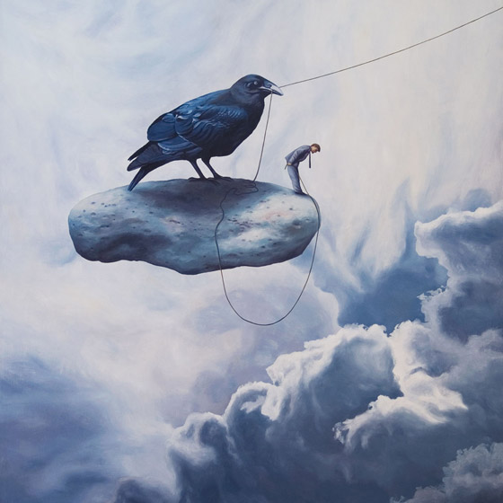 Unexpected Departure, painting of a man and a raven bird standing on stone floating in the sky, art about 9-11, september 11, world trade center,ruble, art with raven crow blackbird, death, sudden, afterlife, trompe l'oeil,soulful uplifting inspirational art, soul stirring illusion art, romantic art, painting of clouds, surrealism, surreal art, dreamlike imagery, fanciful art, fantasy art, dreamscape visual, metaphysical art, spiritual painting, metaphysical painting, spiritual art, whimsical art, whimsy art, dream art, fantastic realism art, limited edition giclee, signed art print, fine art reproduction, original magic realism oil painting by Paul Bond